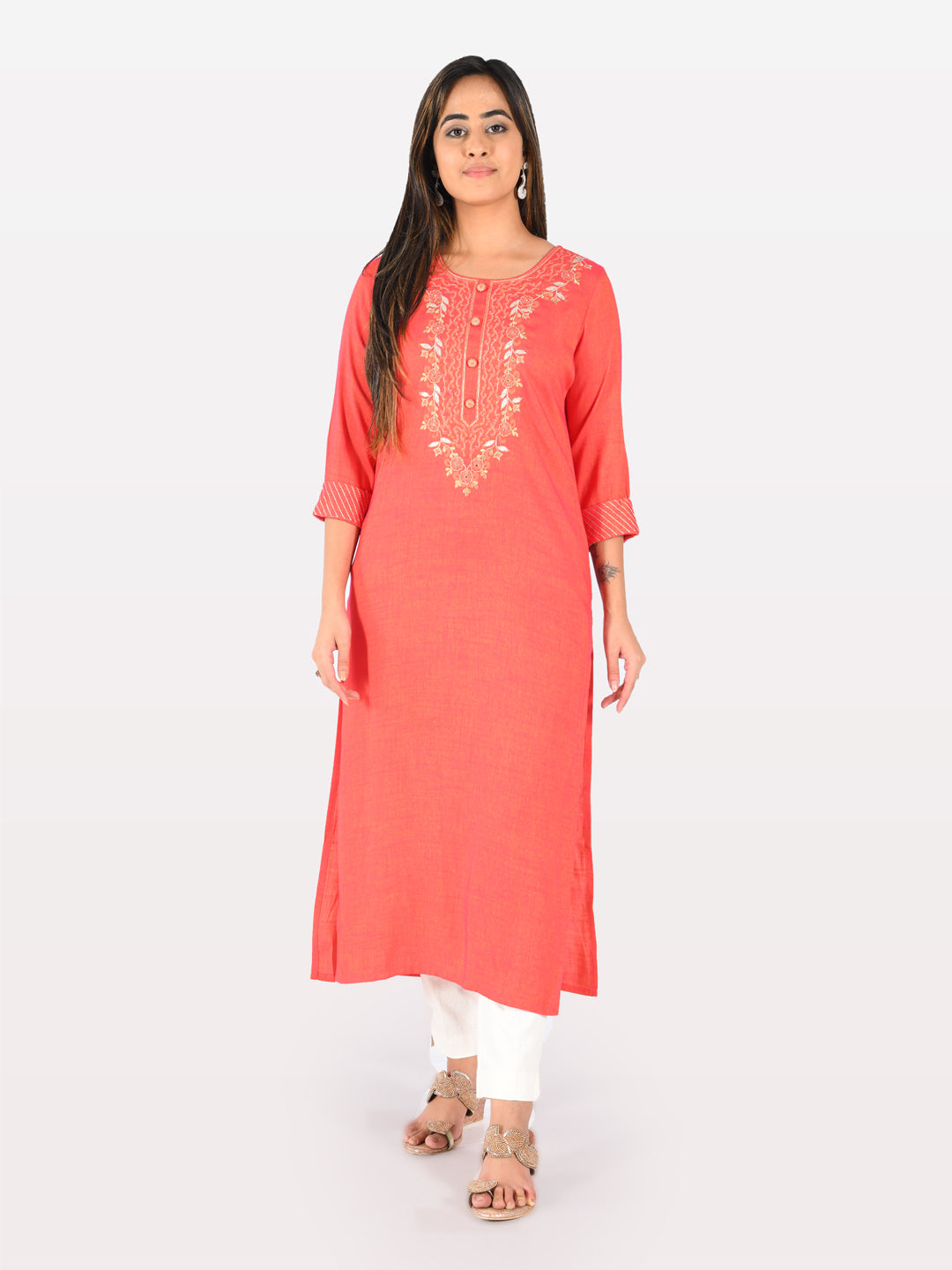 Neerus Red viscose rayon solid kurti - front view