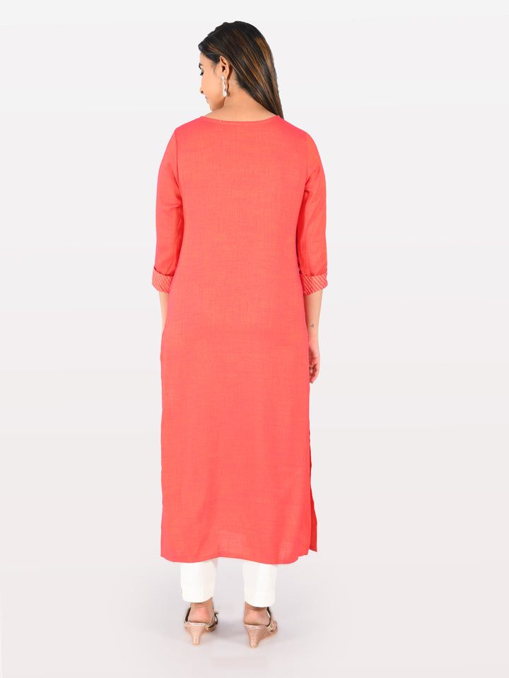 Neerus Red viscose rayon solid kurti - back view