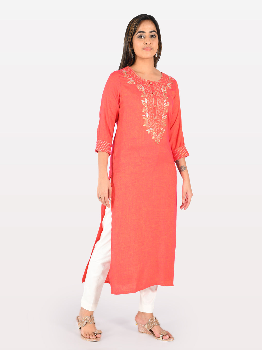 Neerus Red viscose rayon solid kurti - side view