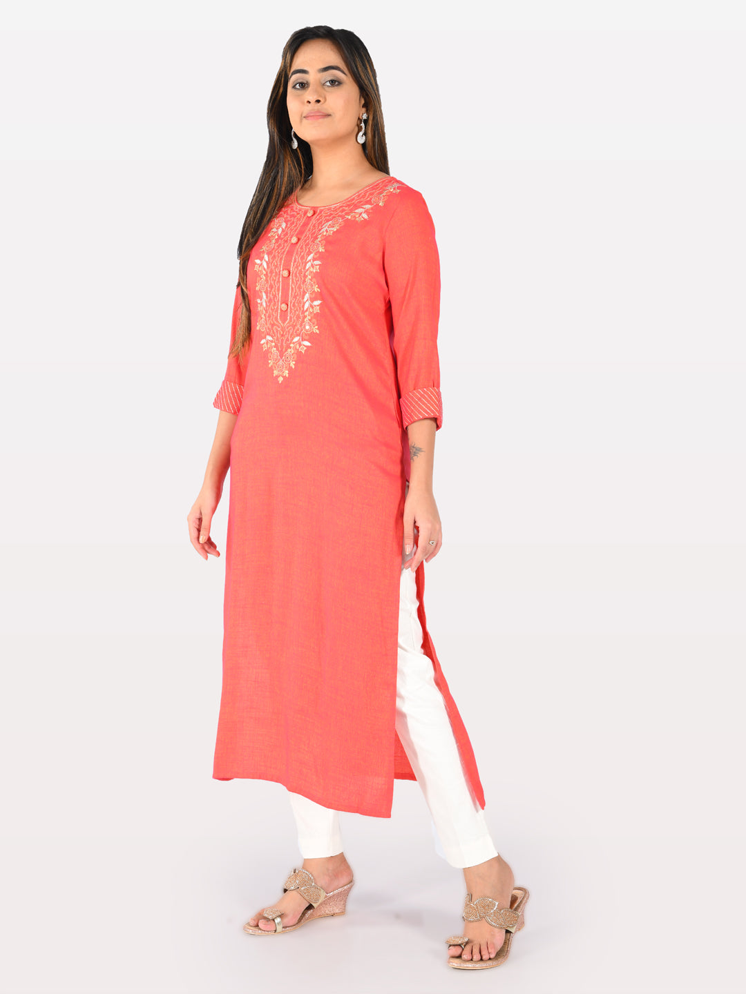 Neerus Red viscose rayon solid kurti - detail view 1