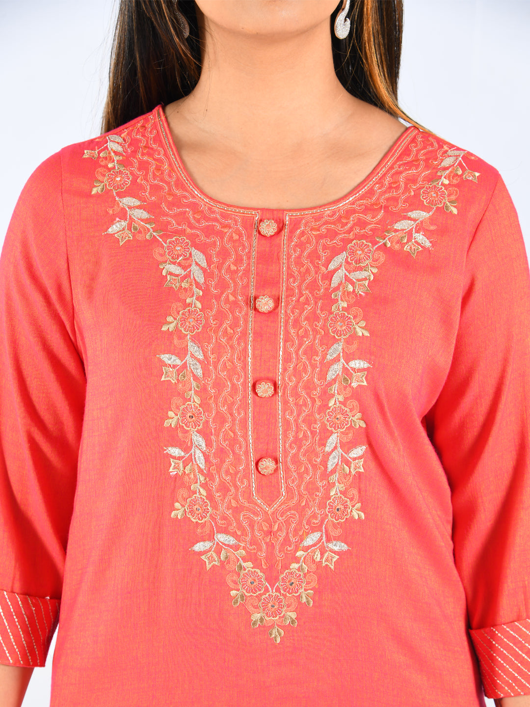 Neerus Red viscose rayon solid kurti - detail view 2