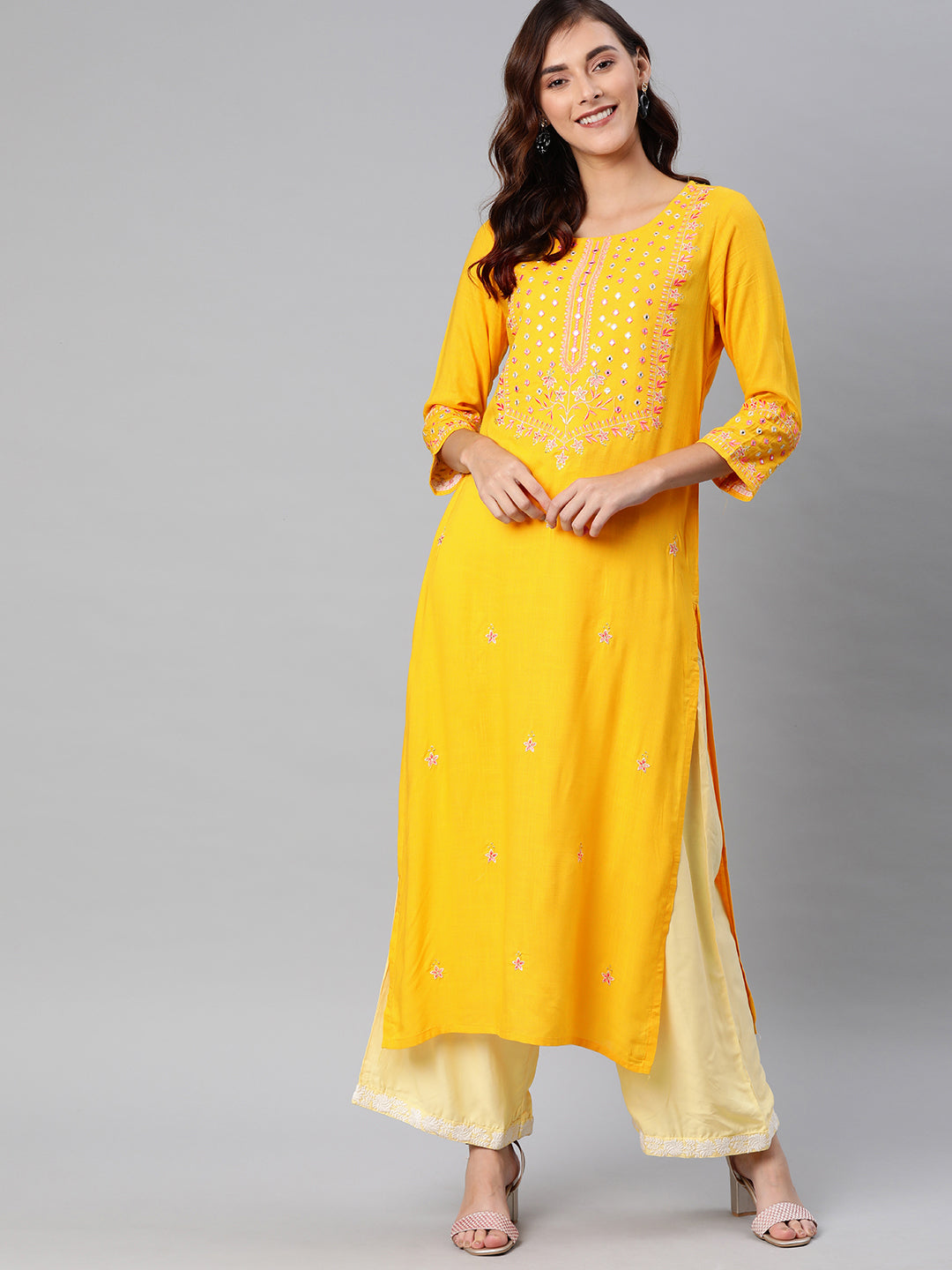 Neerus Women Yellow Embroidered Straight Kurta
