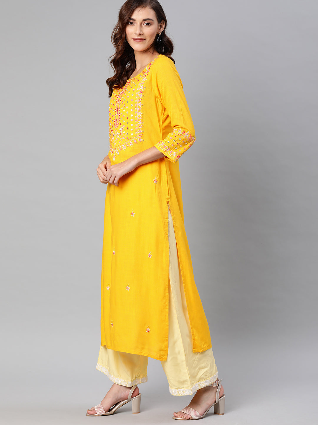 Neerus Women Yellow Embroidered Straight Kurta