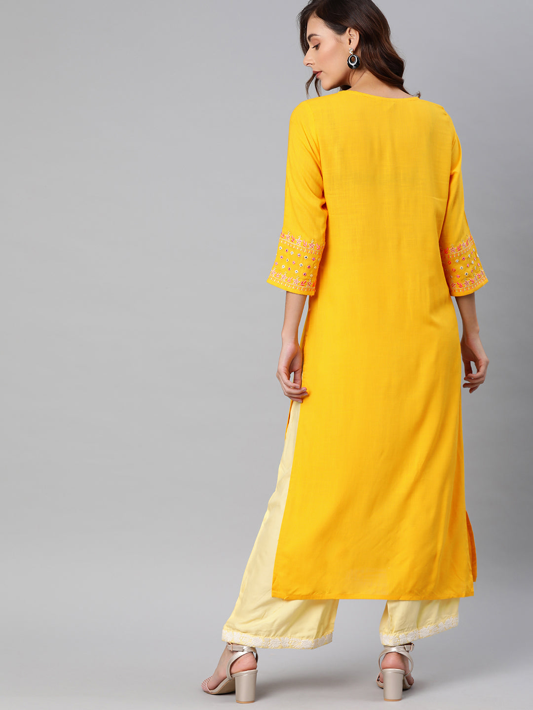 Neerus Women Yellow Embroidered Straight Kurta