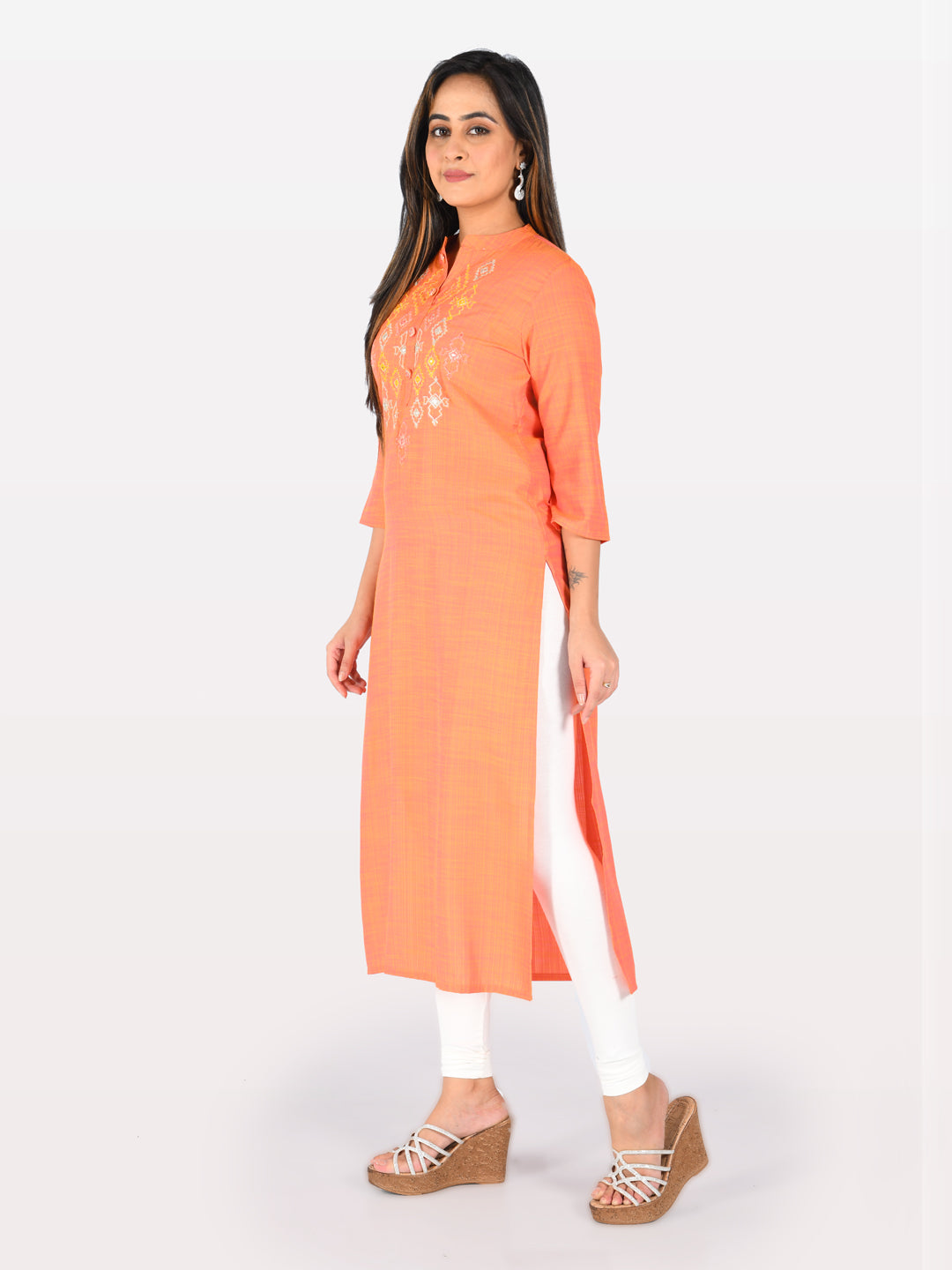 Neerus Pink Rayon Embroidered Straight Kurta - front view