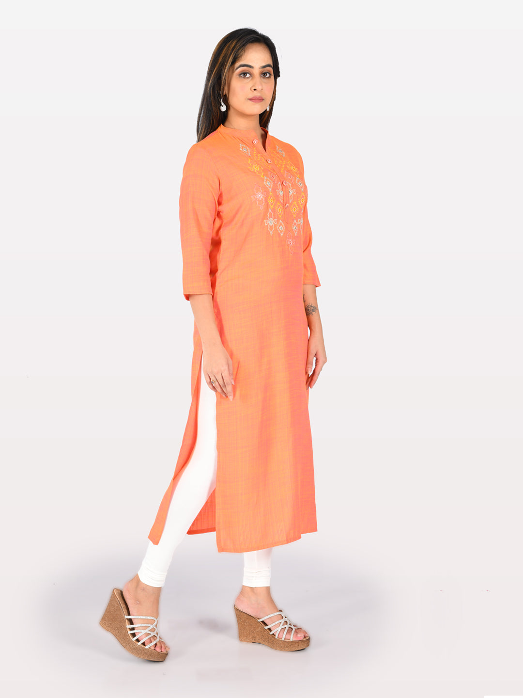 Neerus Pink Rayon Embroidered Straight Kurta - back view