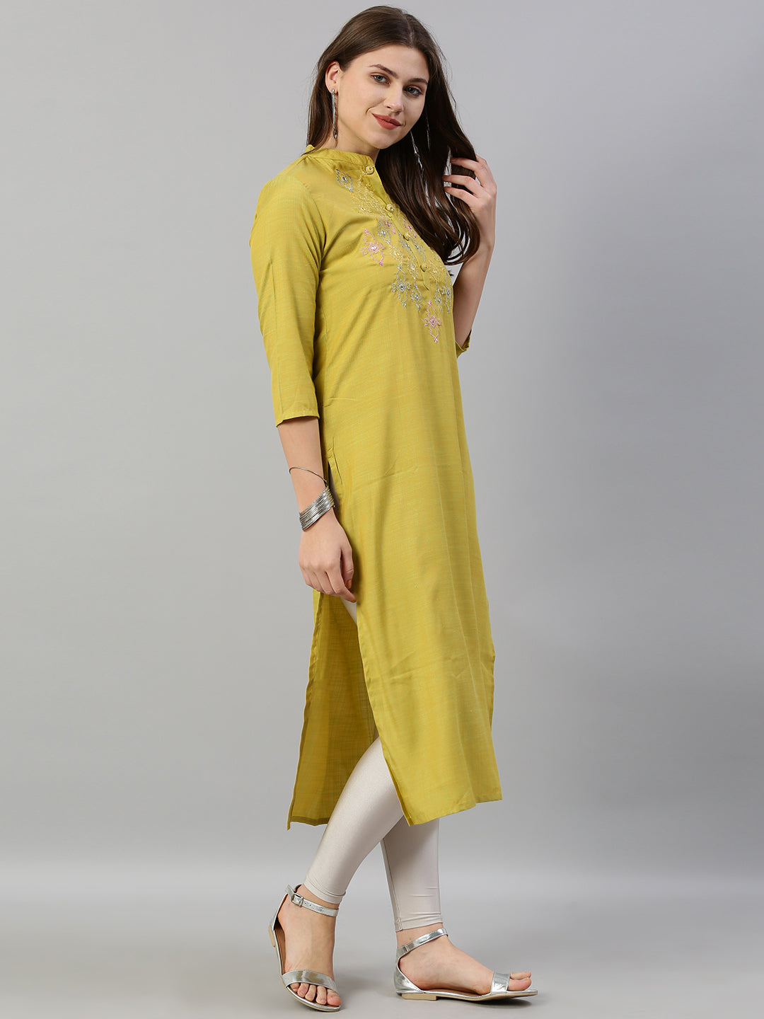 Neerus Yellow rayon mirror work straight kurti - detail view 2