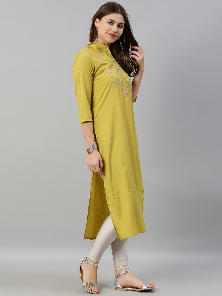 Neerus Yellow rayon mirror work straight kurti - detail view 2