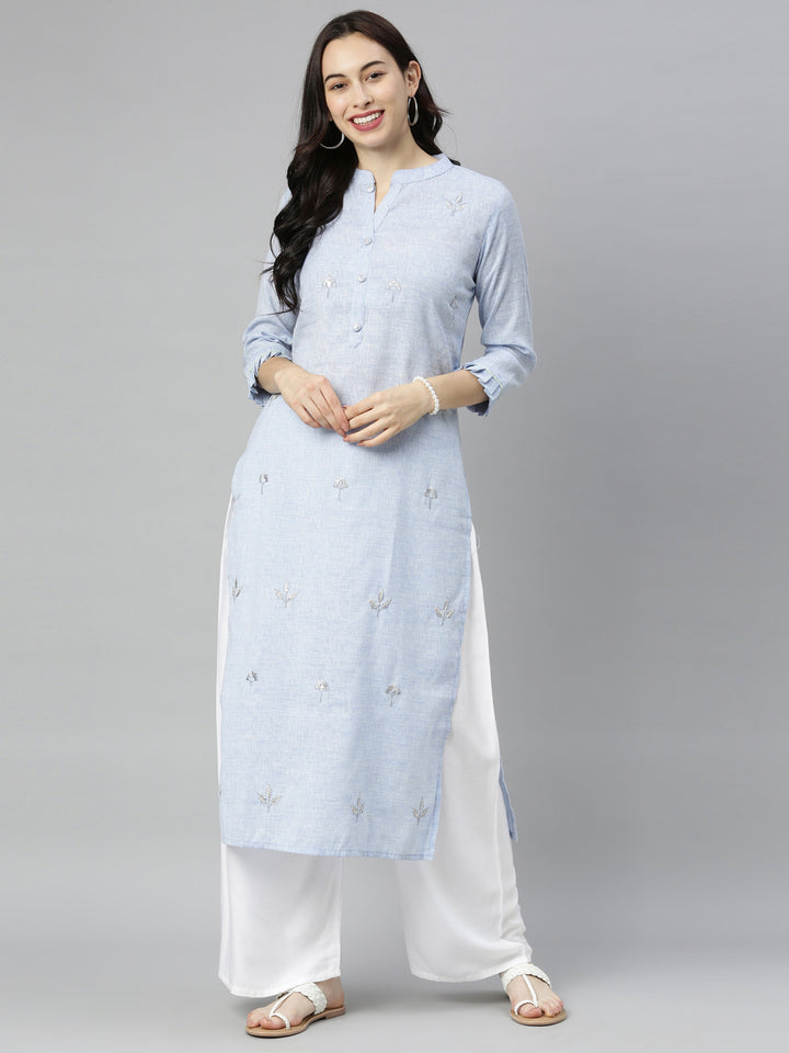 Neerus Blue Embroidered Straight Kurta