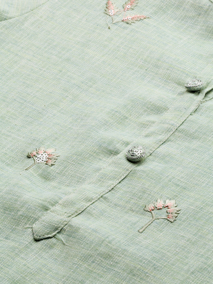 Neerus Green slub cotton embroidered straight kurta - back view