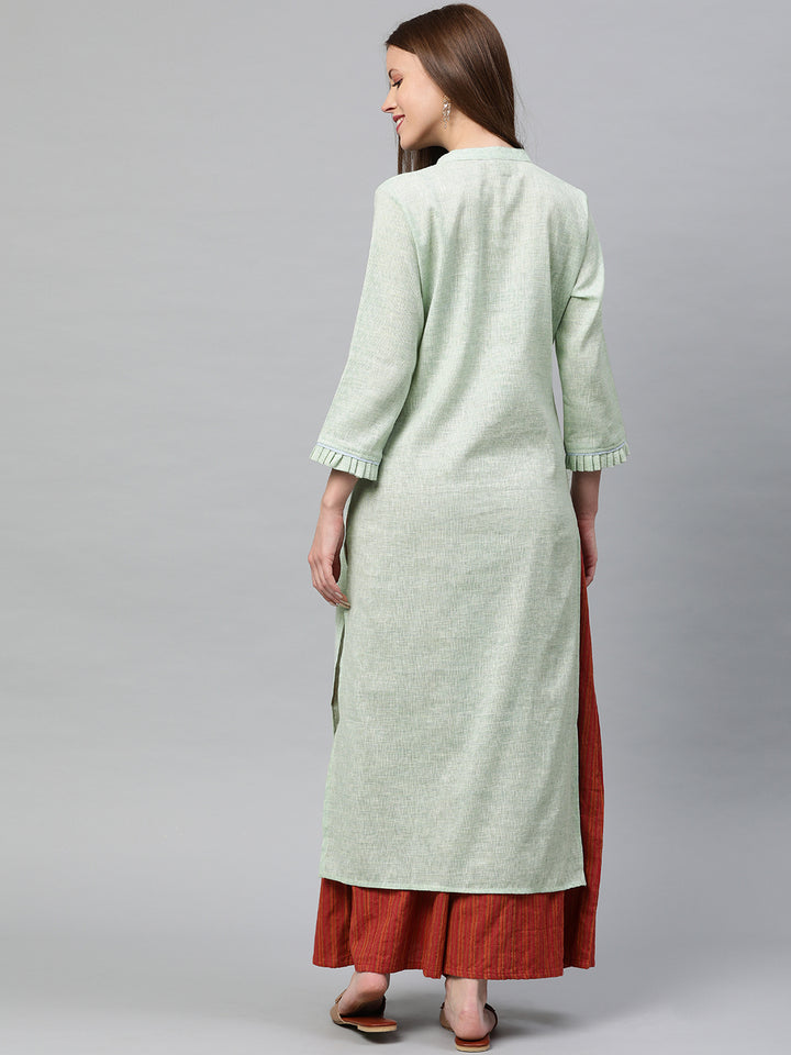Neerus Green slub cotton embroidered straight kurta - detail view 1