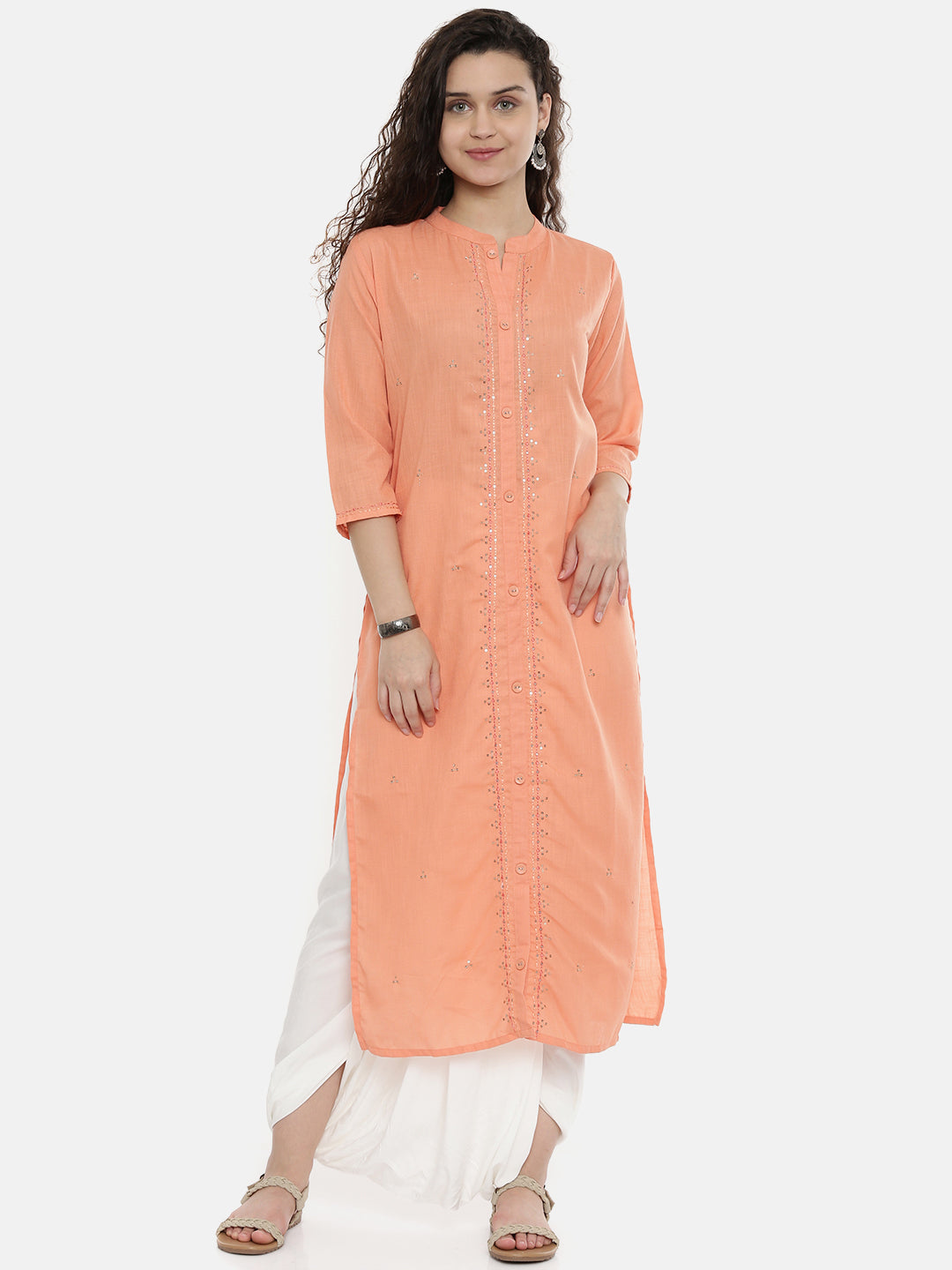 Neerus Orange cotton embroidered straight kurta - front view