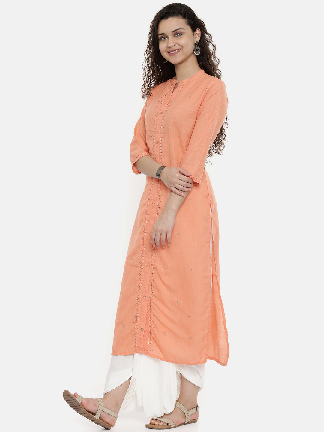 Neerus Orange cotton embroidered straight kurta - detail view 1