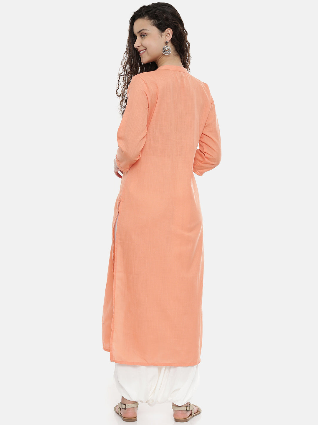 Neerus Orange cotton embroidered straight kurta - detail view 2