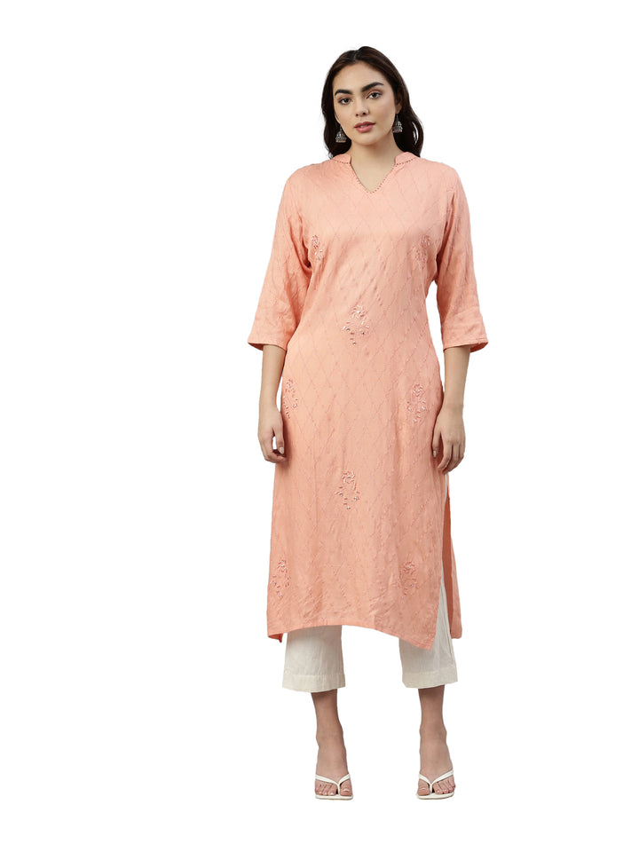 Neerus Pink slub rayon straight kurti - front view