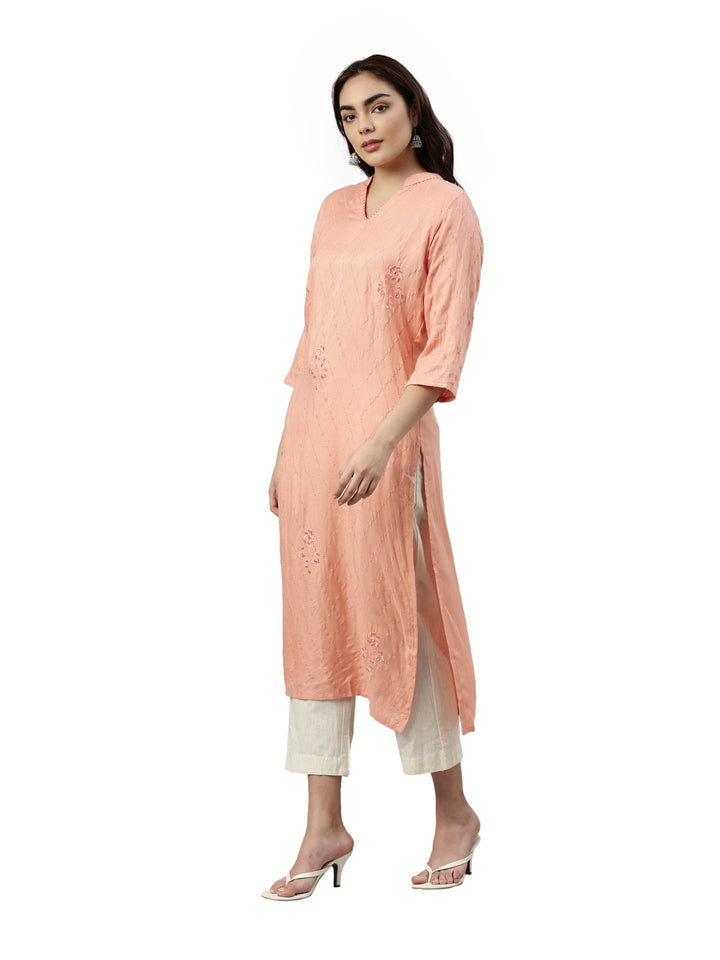 Neerus Pink slub rayon straight kurti - side view