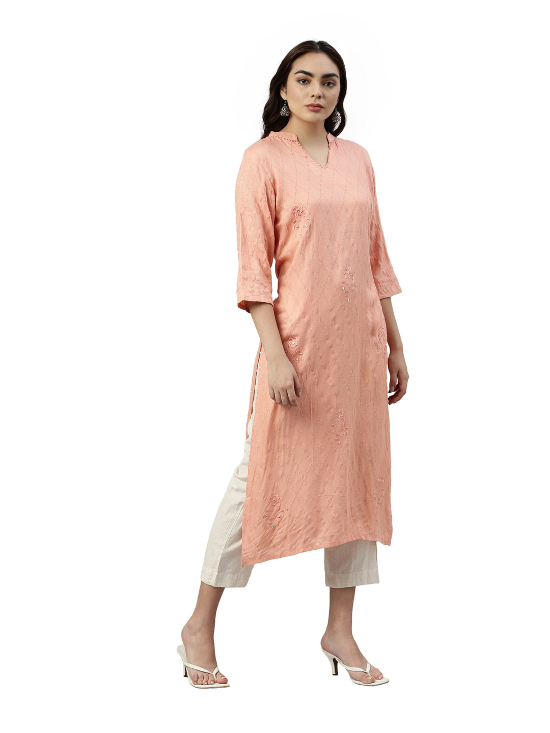 Neerus Pink slub rayon straight kurti - detail view 1