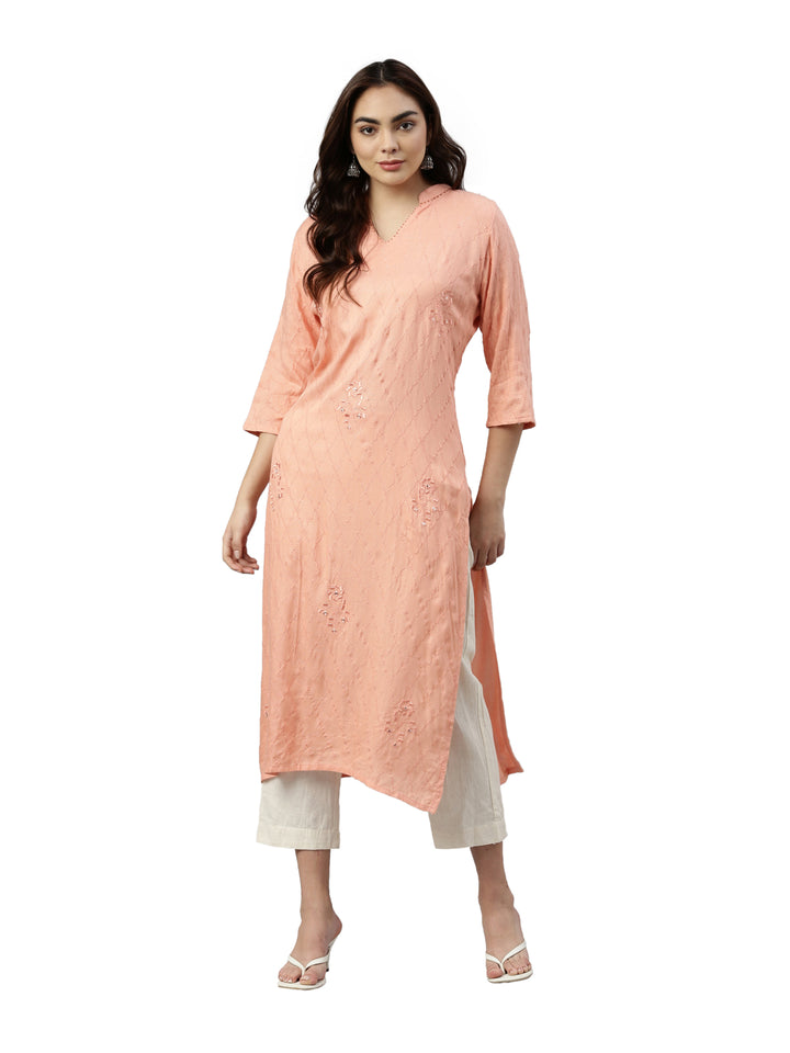 Neerus Pink slub rayon straight kurti - detail view 3