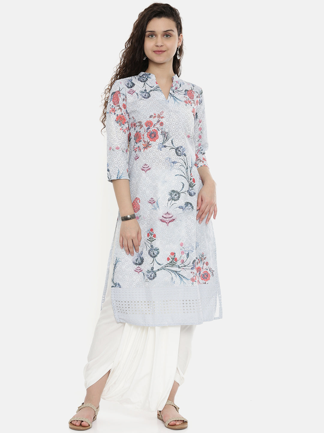 Neeru's Grey Printed Straight Kurta