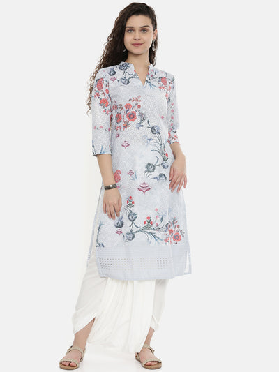 Neeru's Grey Printed Straight Kurta