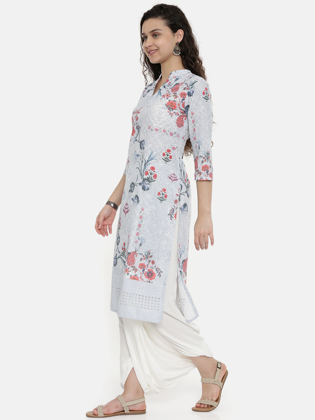 Neerus Grey Printed Straight Kurta