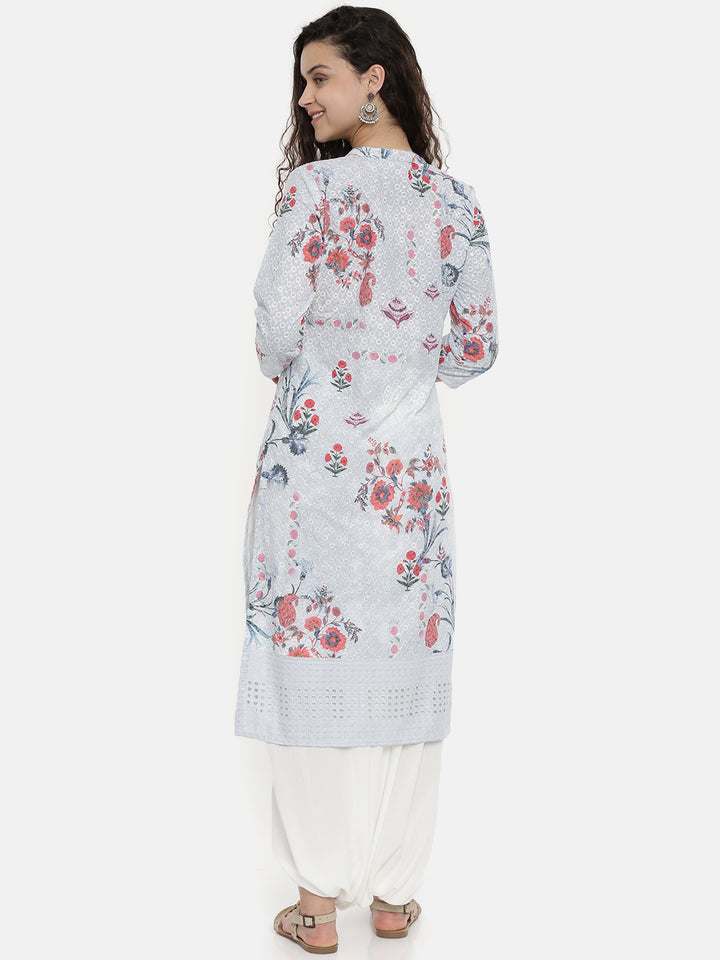 Neerus Grey Printed Straight Kurta
