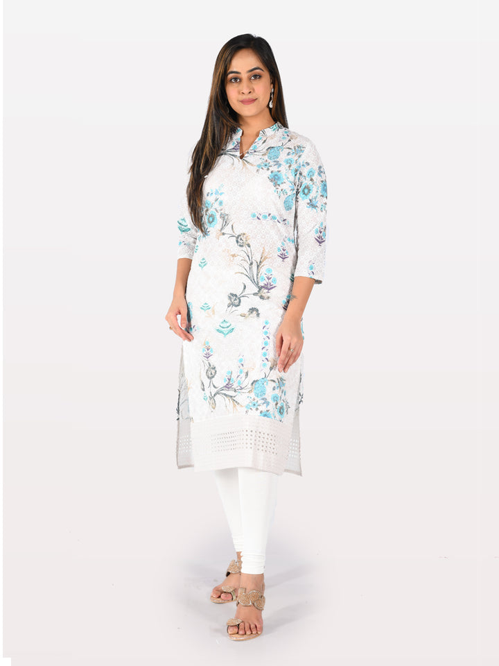 Neerus Ivory Embroidered Straight Kurta