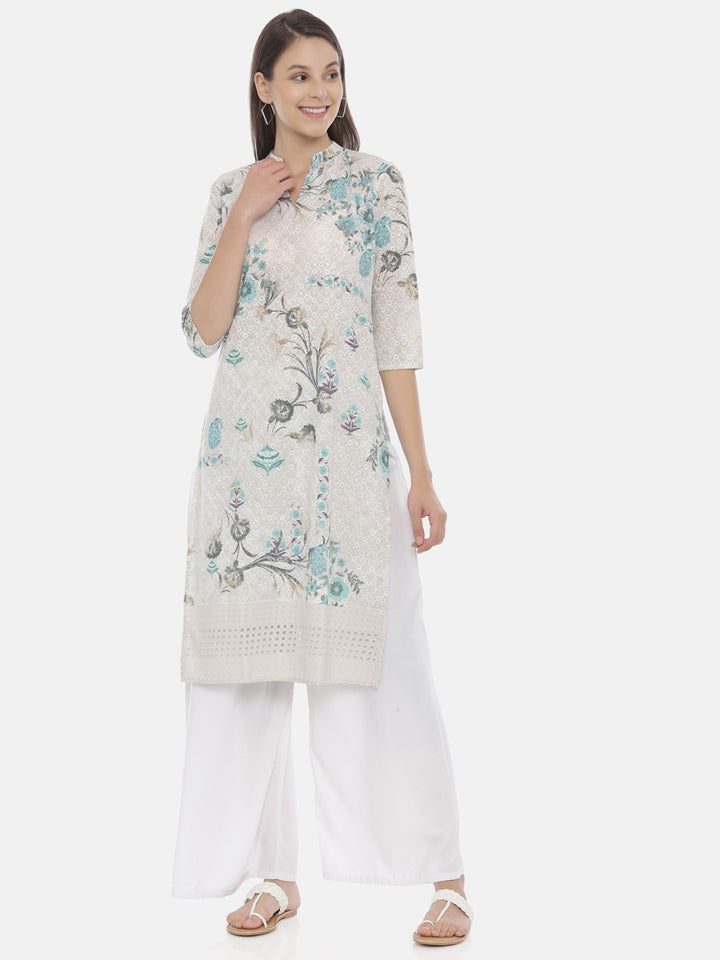 Neerus Ivory Embroidered Straight Kurta