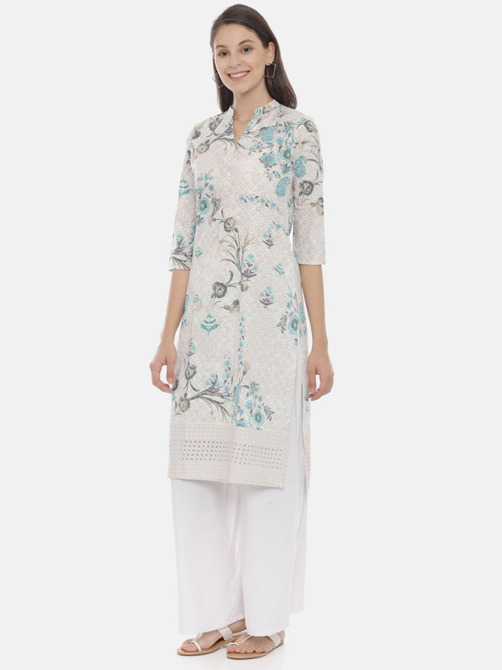 Neerus Ivory Embroidered Straight Kurta