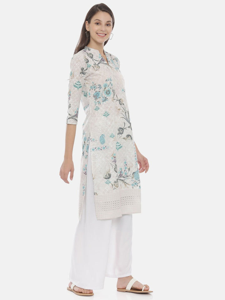 Neerus Ivory Embroidered Straight Kurta