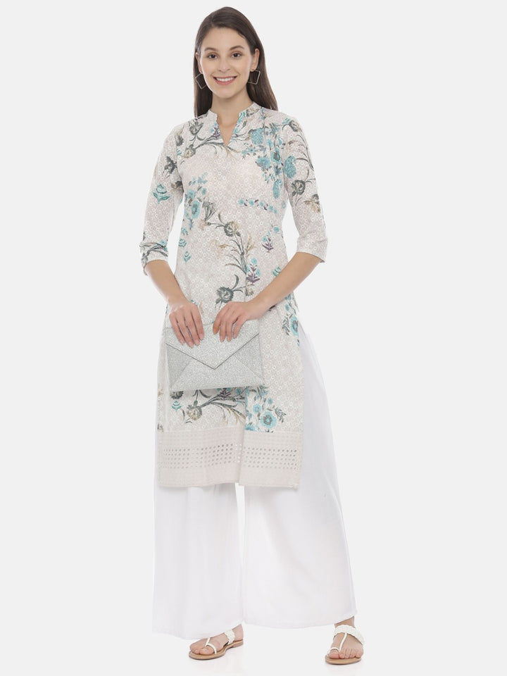 Neerus Ivory Embroidered Straight Kurta