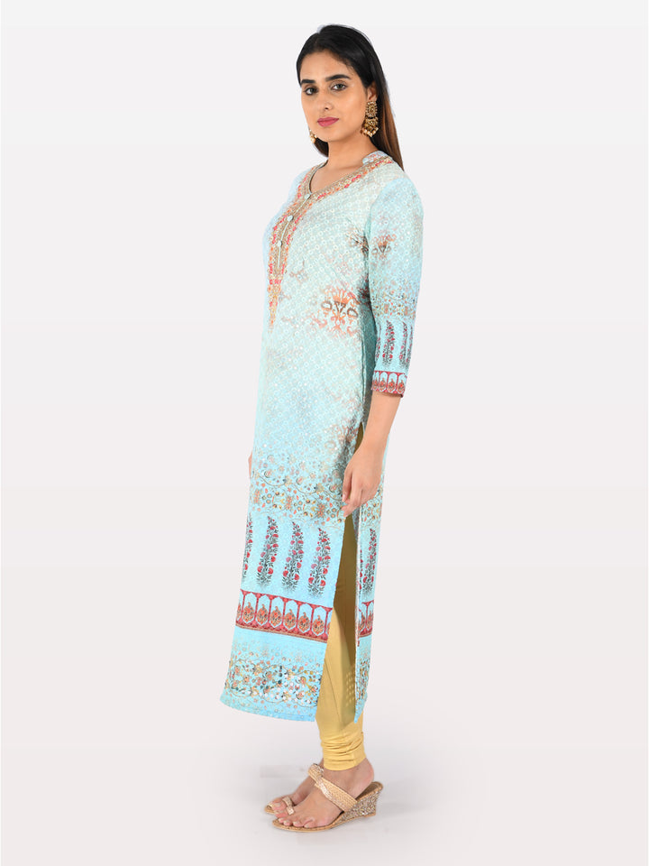Neerus Blue embroidered straight kurta - front view