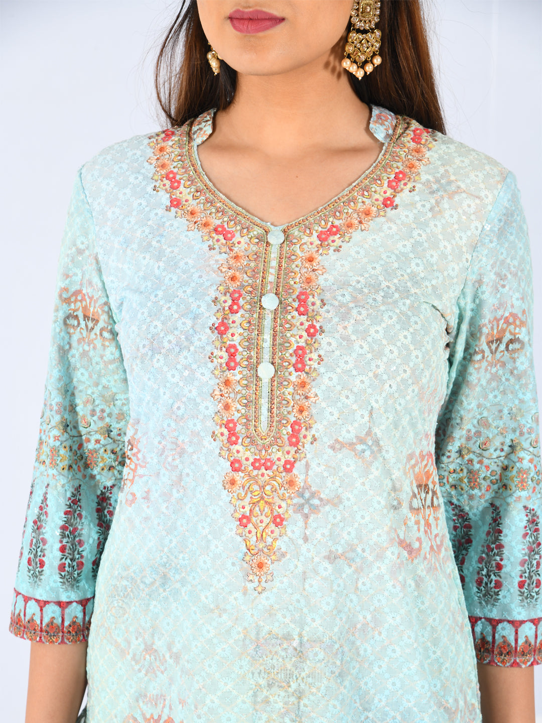 Neerus Blue embroidered straight kurta - side view