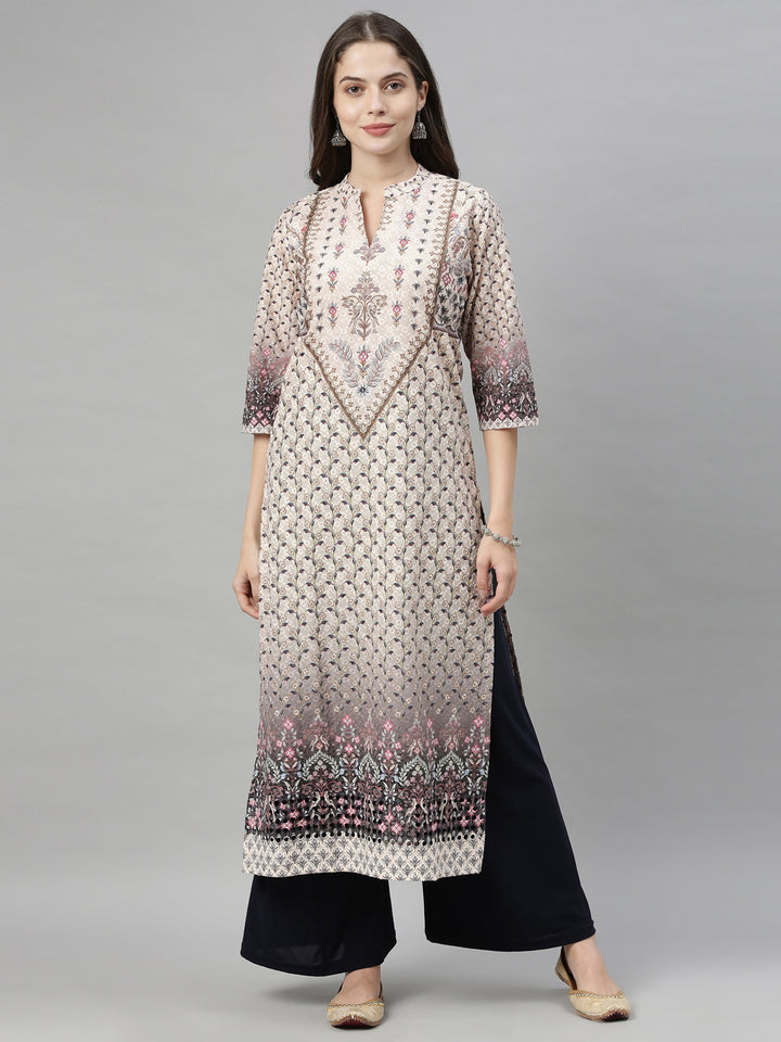Neerus Beige Embroidered Straight Kurta