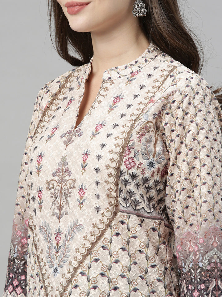 Neerus Beige Embroidered Straight Kurta