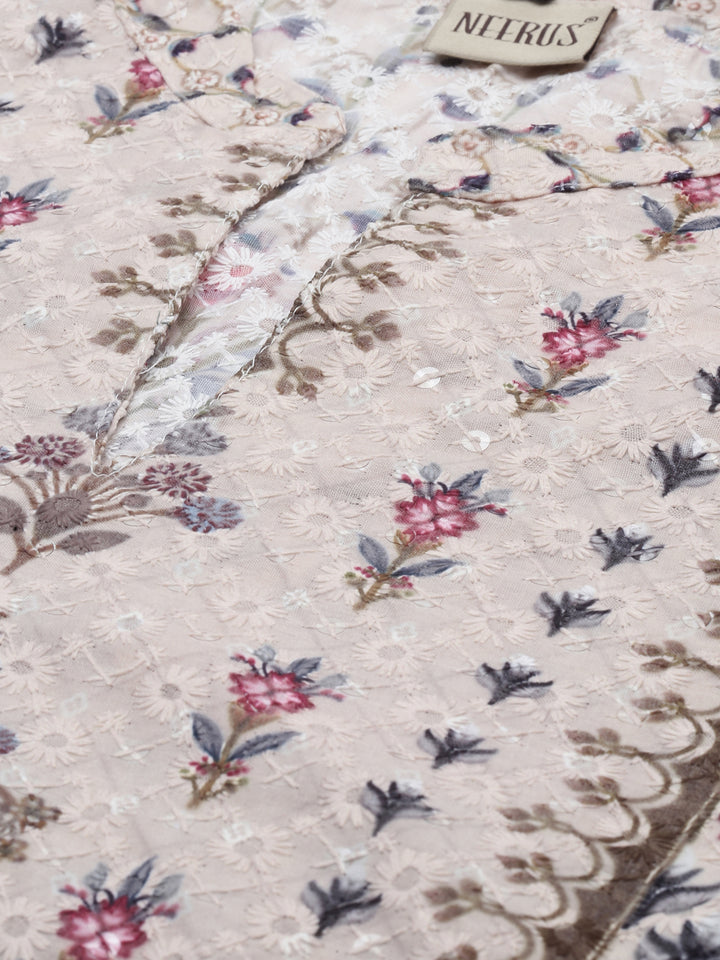 Neerus Beige Embroidered Straight Kurta