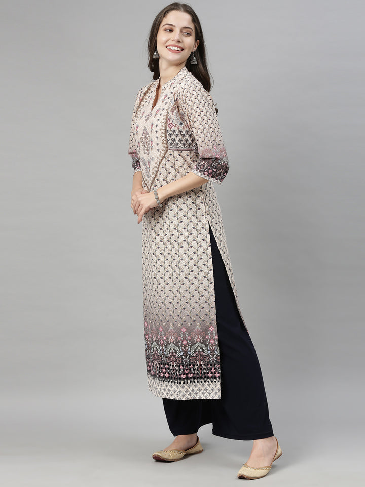 Neerus Beige Embroidered Straight Kurta