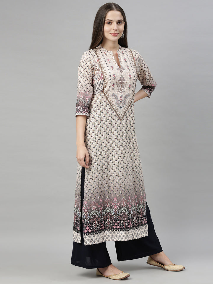 Neerus Beige Embroidered Straight Kurta