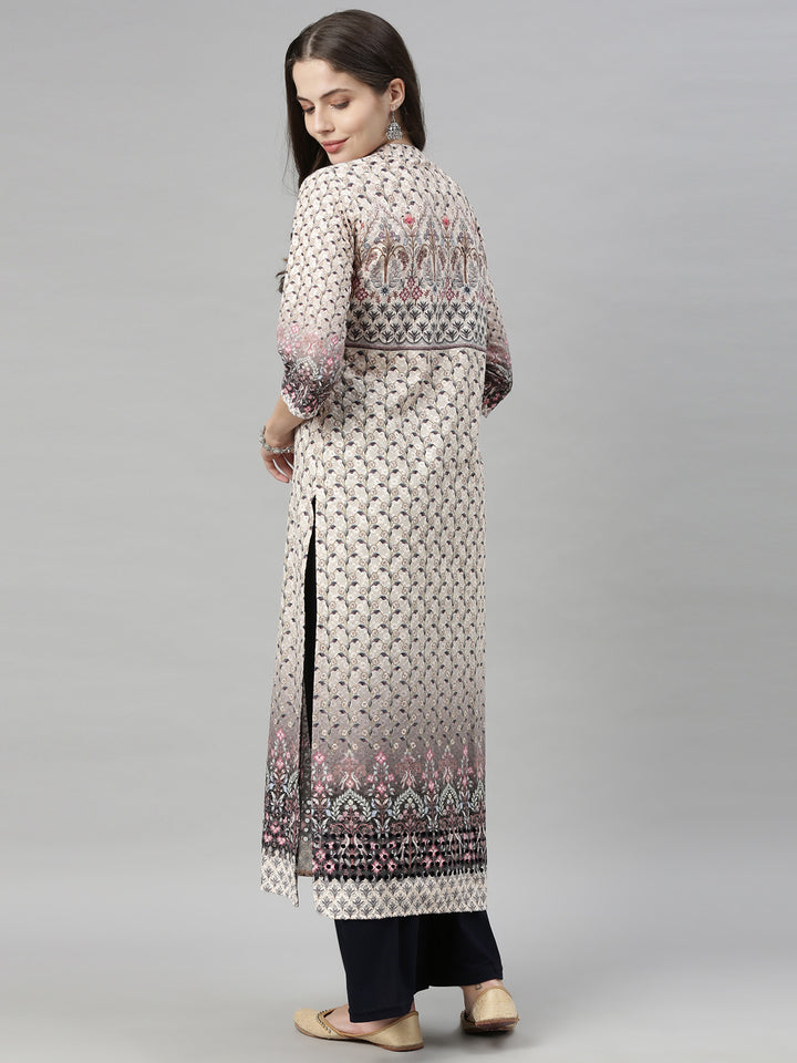 Neerus Beige Embroidered Straight Kurta