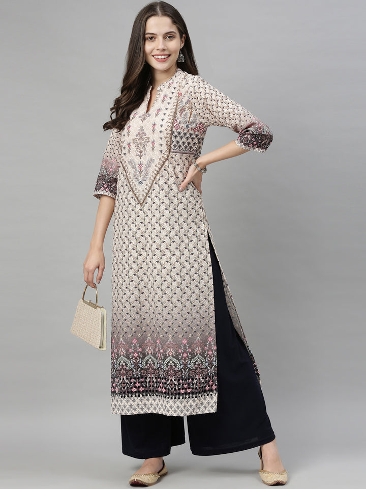 Neerus Beige Embroidered Straight Kurta