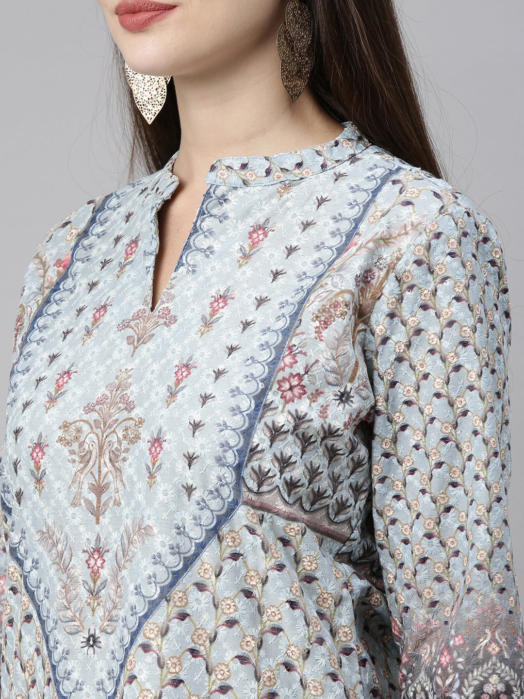Neerus Blue cotton chikankari kurti - back view