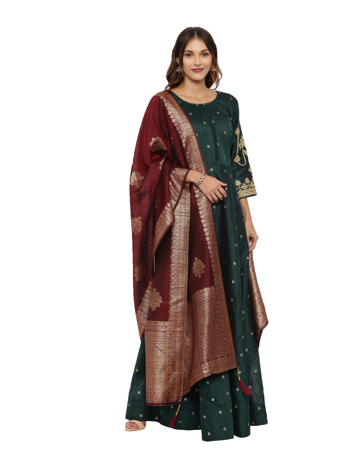 Neeru's B Green Color Banaras Fabric Gown