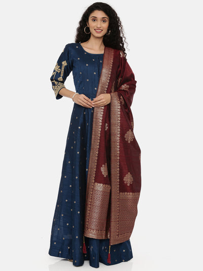 Neeru'S Peacock Blue Color, Banaras Fabric Full Sleeves Suit-Anarkali