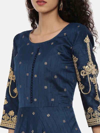 Neeru'S Peacock Blue Color, Banaras Fabric Full Sleeves Suit-Anarkali