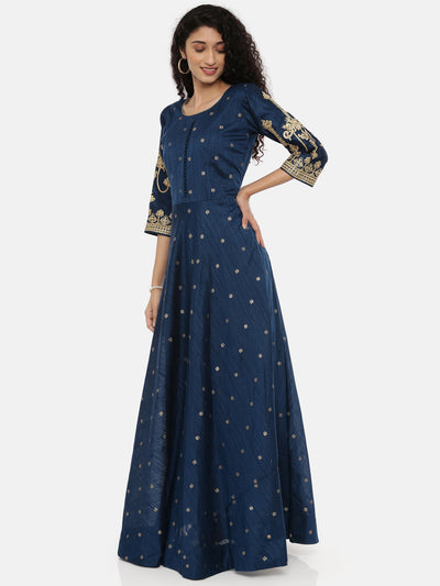 Neeru's Peacock Blue Color Banaras Fabric Full Sleeves Suit-Anarkali