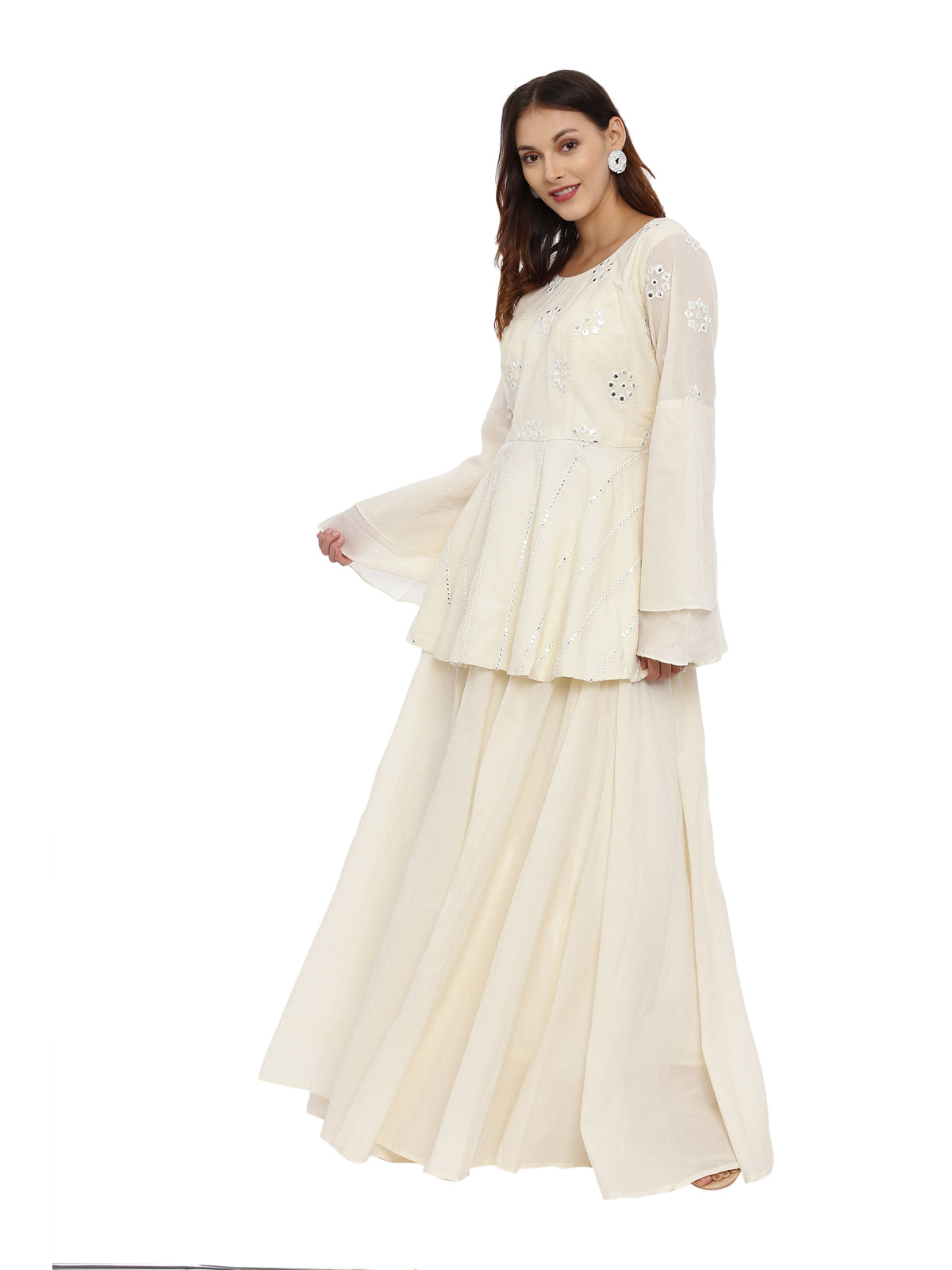Neeru's Off White Embellished Kurta With Skirt & Dupatta