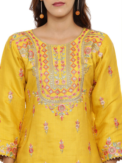 Neeru'S Mustard Color, Chanderi Fabric Full Sleeves Suit-Plazzo