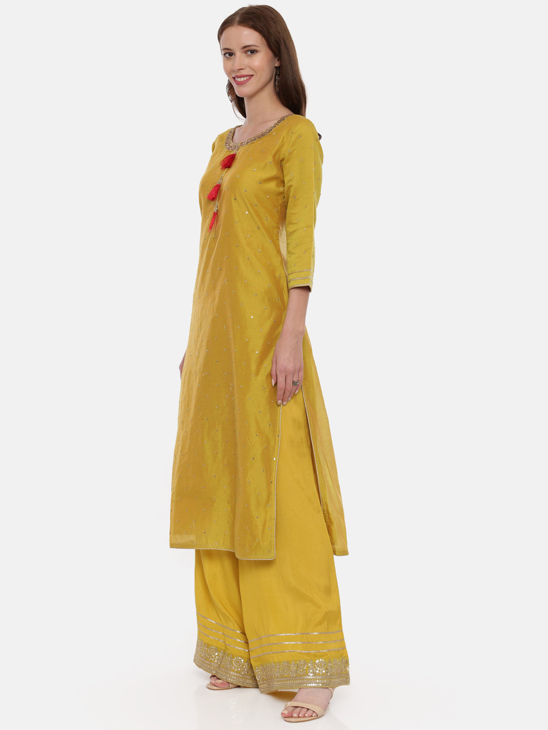 Neeru's Mustard Color Chanderi Fabric Full Sleeves Suit-Plazzo