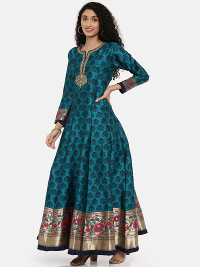 Neeru's Rama Color Banaras Fabric Full Sleeves Suit-Anarkali