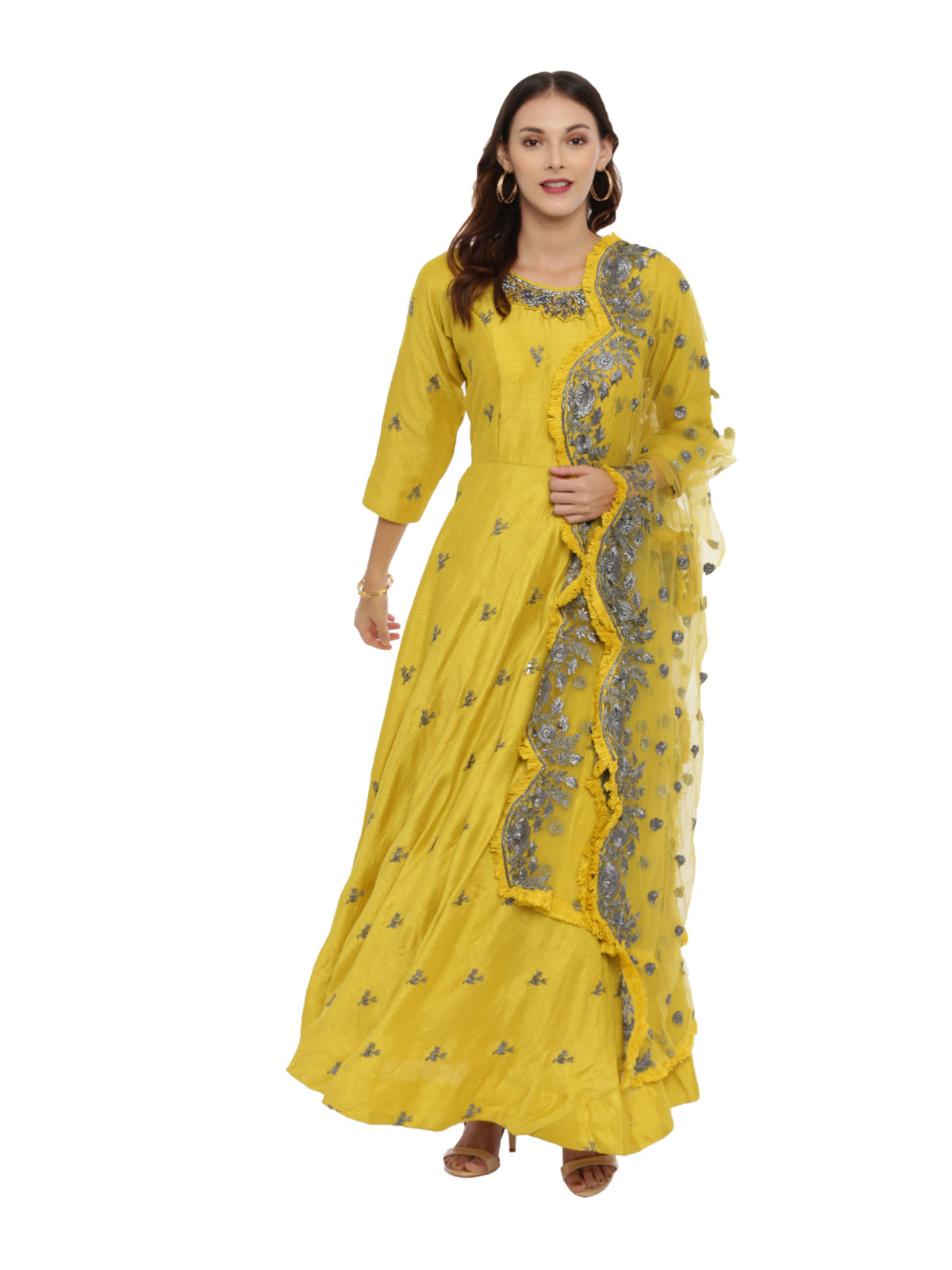 Neeru's Yellow Embellished Anarkali Kurta With Dupatta